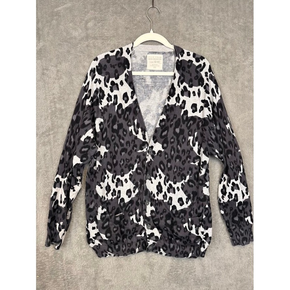 Five Four Nick Wooster Mens‎ XL Leopard Print Cotton Cardigan Gray Black